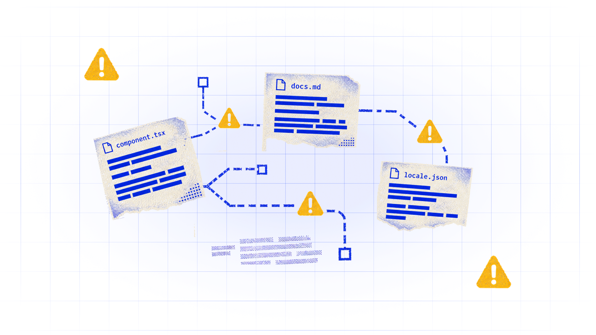 Scattered component, documentation, and locale files connected by fragmented workflows and warning markers.