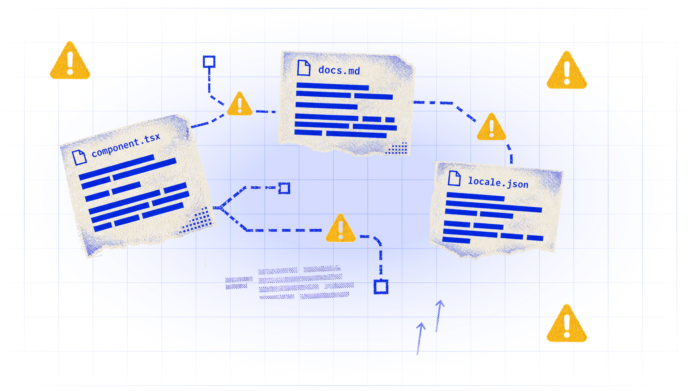 Scattered component, documentation, and locale files connected by fragmented workflows and warning markers.